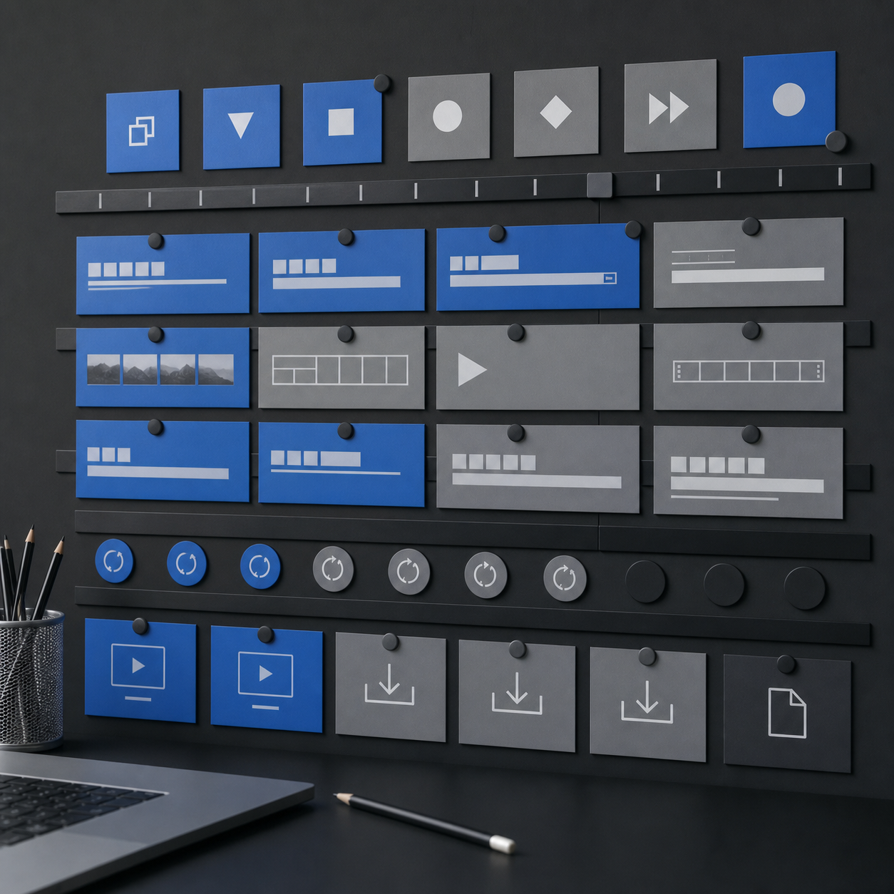Lavagna editoriale con schede modulari di pianificazione