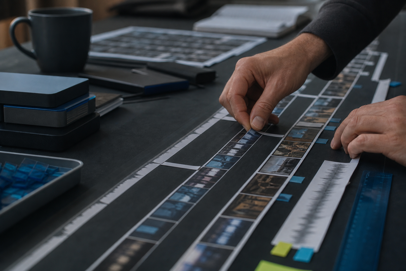 Timeline fisica con supporti video e marcatori blu